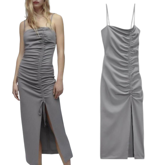 Zara Gray Maxi Ruched Slit Party Dinner Maxi Dress Size Large - Picture 1 of 6